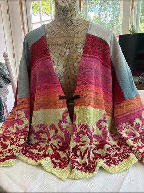 Free People Multicolor Pink Red Floral Knit Open Cardigan